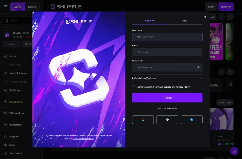 Formulaire de creation de compte Shuffle